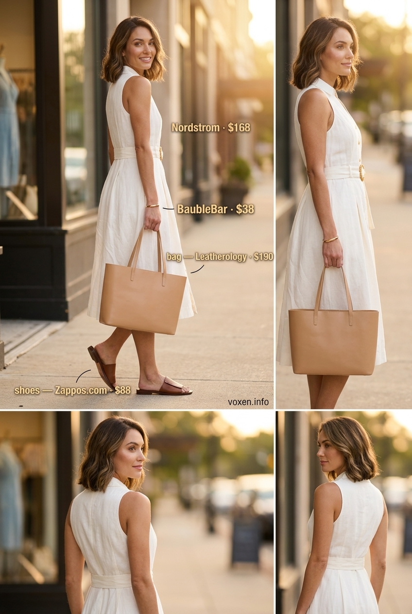 Polished Linen Shirt Dress 2026 Sharp white linen midi shirt dress for women 2026, polished for casual office or summer lunch. Style with tan leather slides.