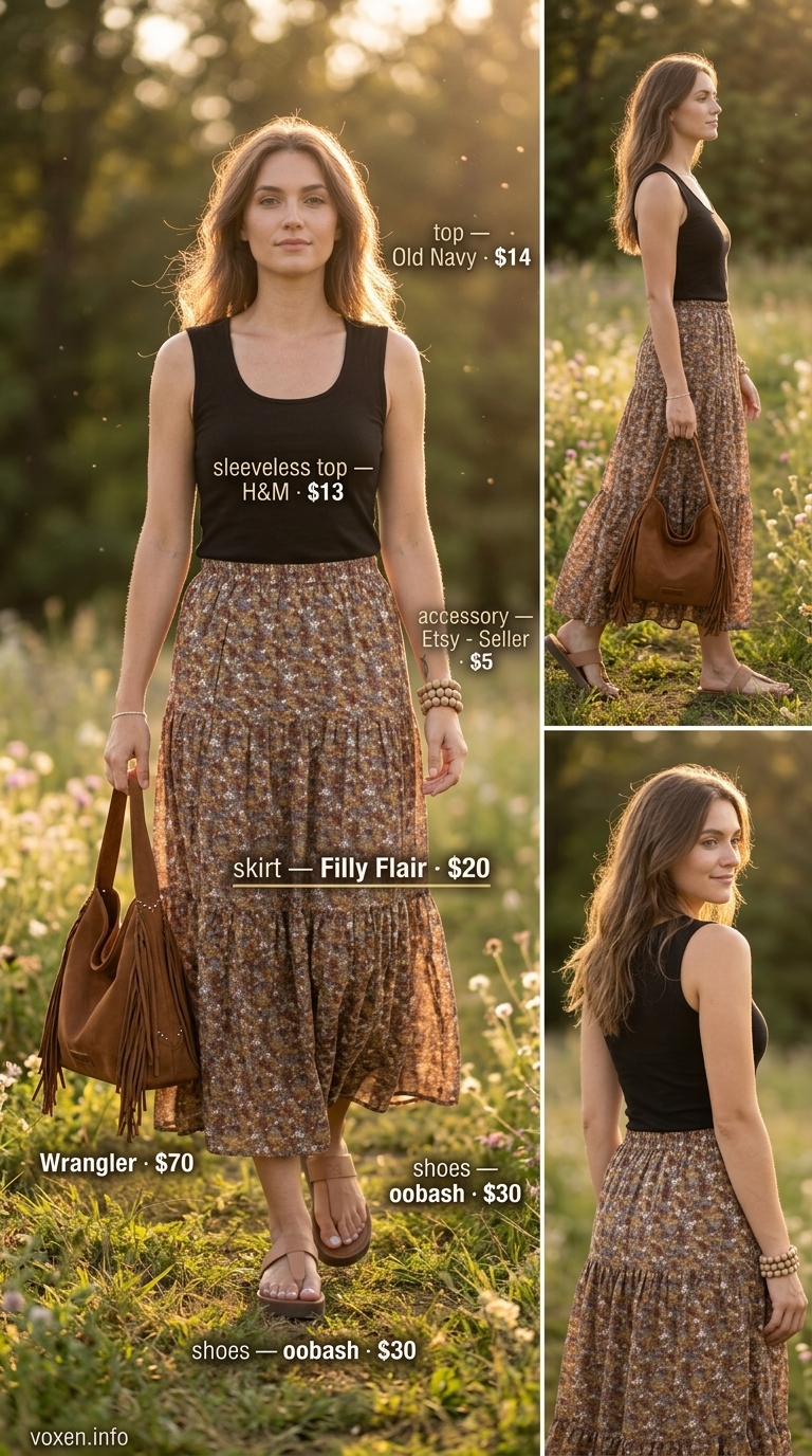 Ivory ribbed sleeveless crop top with floral maxi skirt for women 2026. Boho chic festival outfit.