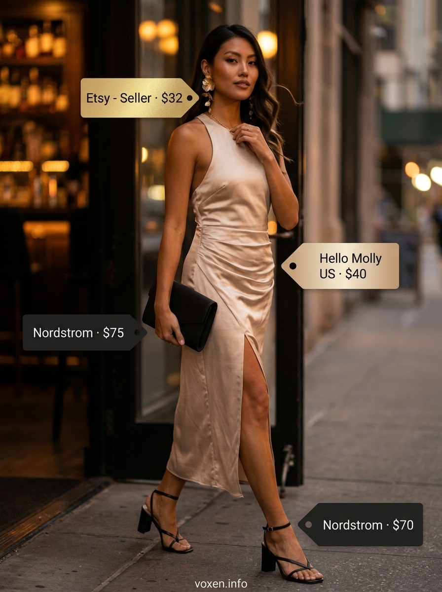 Champagne satin sleeveless slip dress for women 2026. Elegant cocktail party or date night outfit with black heels.