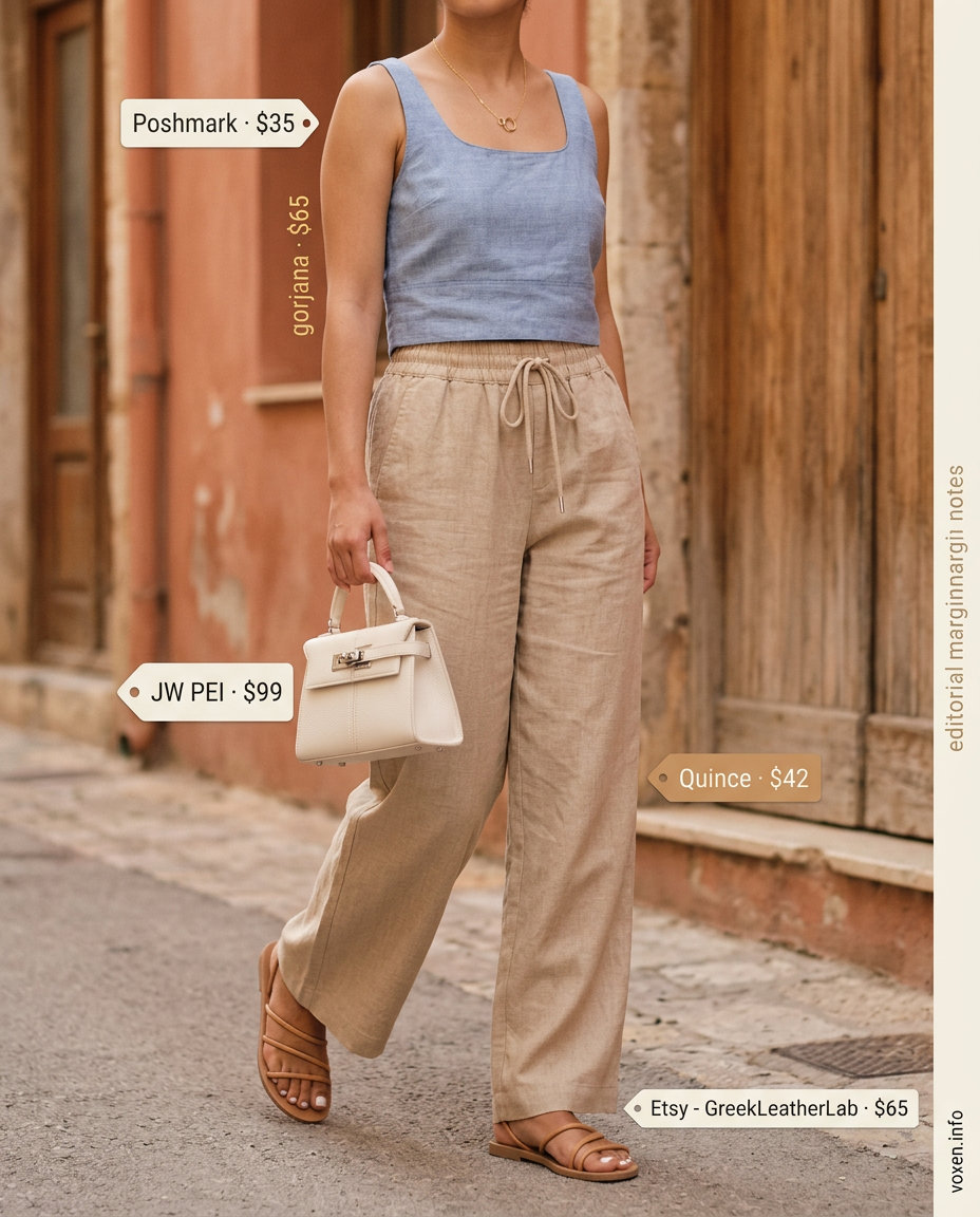 Sky blue linen sleeveless top and wide-leg pants for women 2026. Beachy vacation outfit with tan sandals and white crossbody bag.