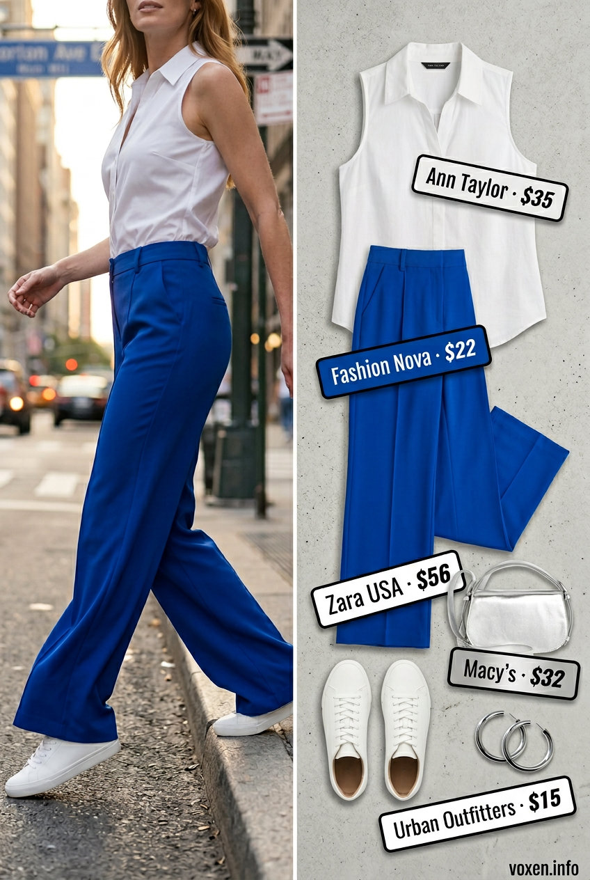 Cobalt blue wide-leg trousers with white sleeveless mock-neck top for women 2026. City style.