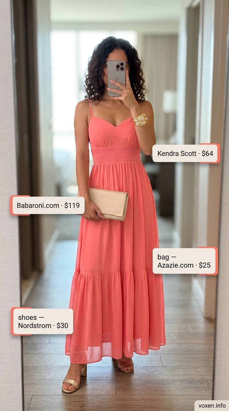 Coral maxi dress with gold accessories for women 2026. Glamorous summer wedding guest or date night outfit.