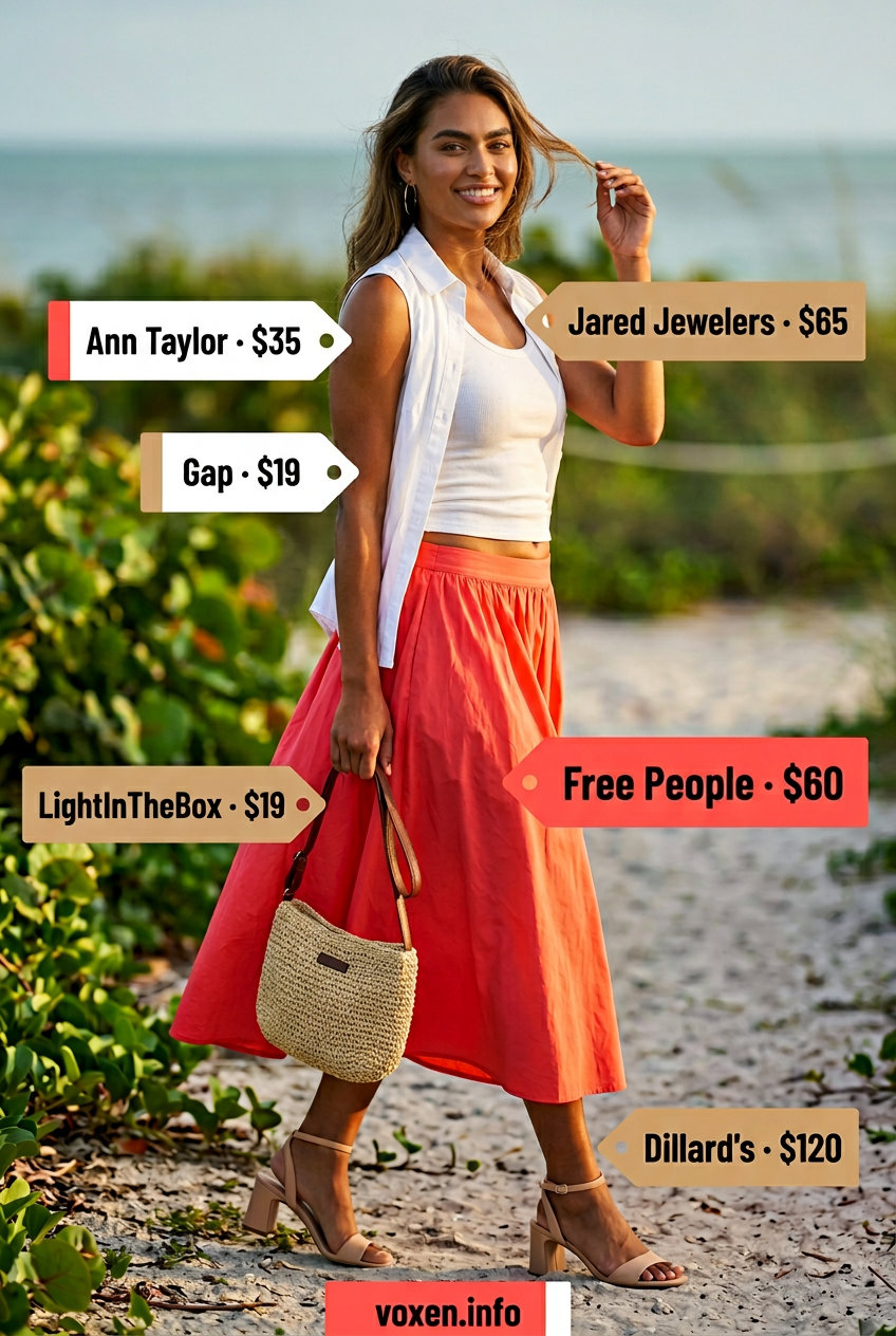 Coral midi skirt with a white sleeveless top for women 2026. Playful summer festival outfit.