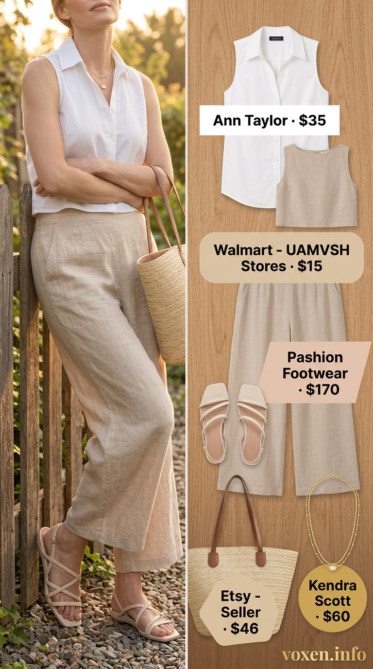 Cream linen set with sleeveless top and wide-leg pants for women 2026. Relaxed vacation outfit.