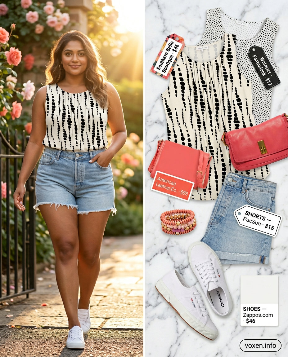 White floral sleeveless top with denim shorts for women 2026. Casual weekend outfit with coral crossbody bag.