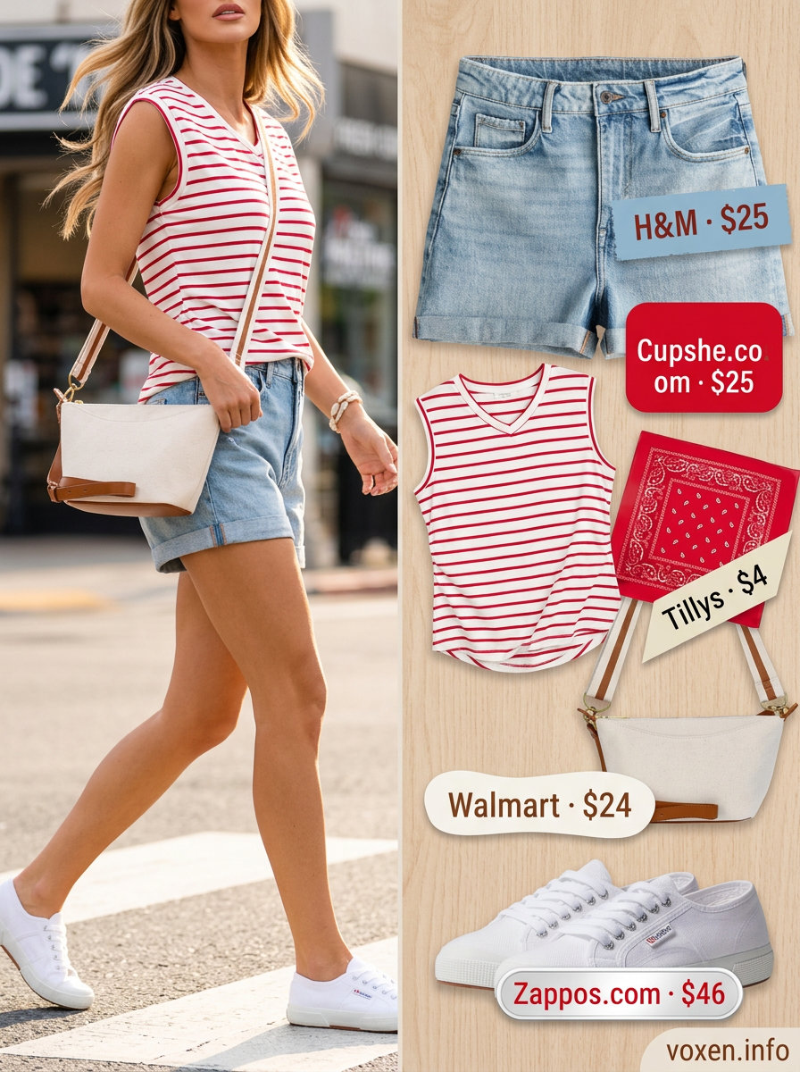White sleeveless graphic tee with denim shorts for women 2026. Casual weekend picnic outfit.