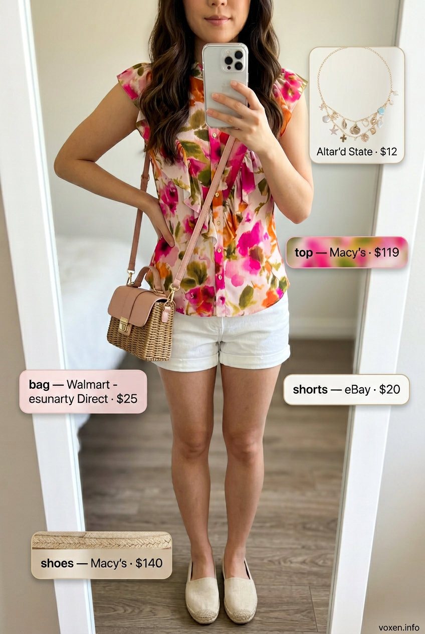 Pastel floral sleeveless blouse with white denim shorts for women 2026. Sweet brunch outfit with espadrilles.