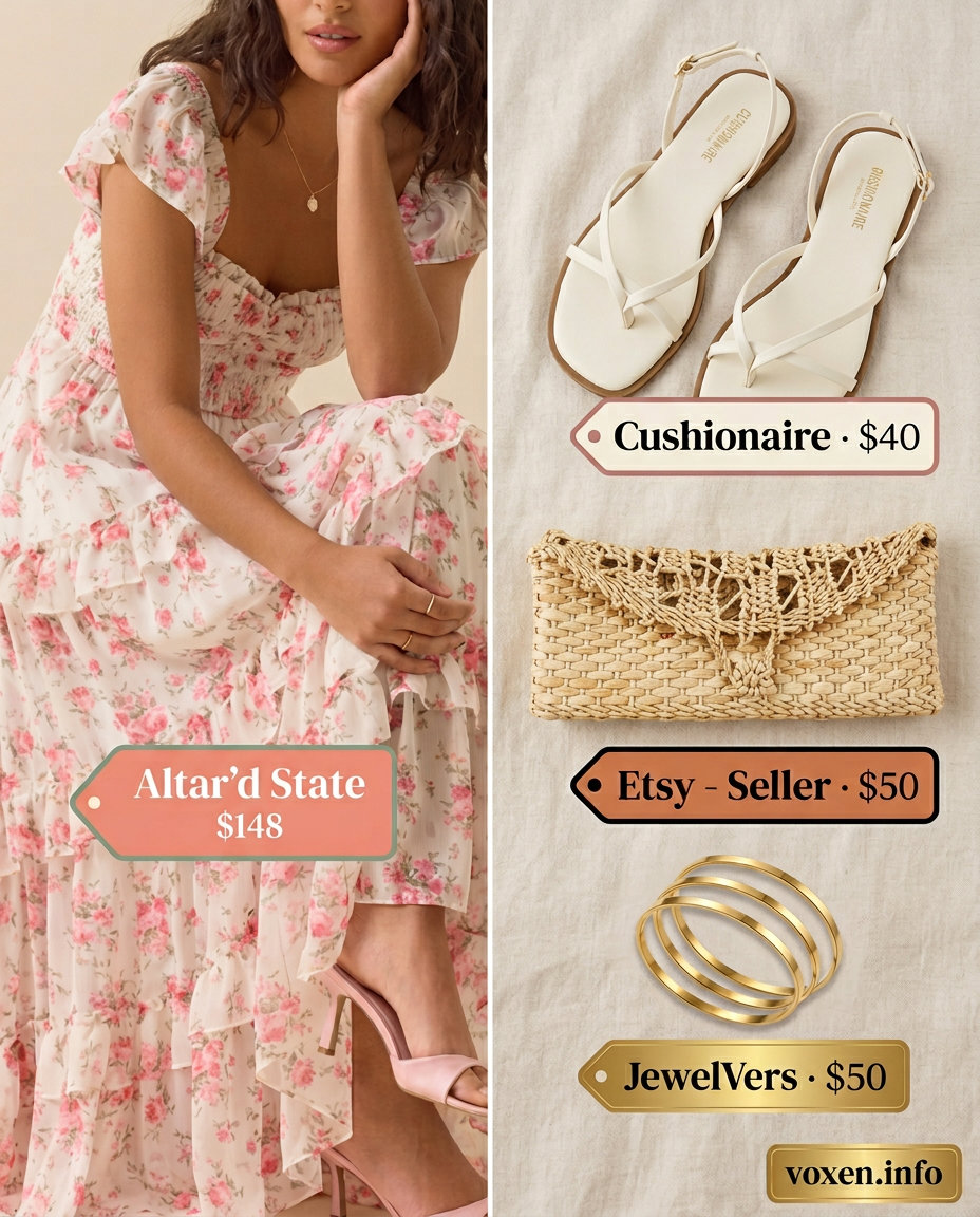 Coral and blush pink floral maxi dress for women 2026. Romantic summer evening event outfit.