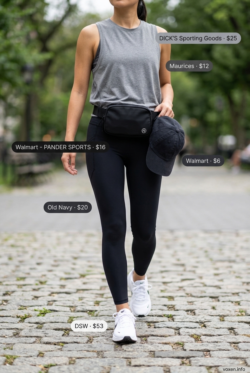 Grey athletic sleeveless top with black leggings for women 2026. Athleisure outfit with sneakers and belt bag.