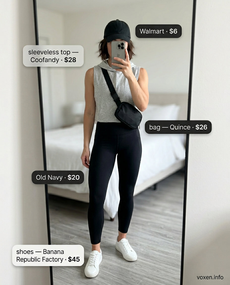 Grey sleeveless hoodie with black leggings for women 2026. Comfortable athleisure travel outfit.