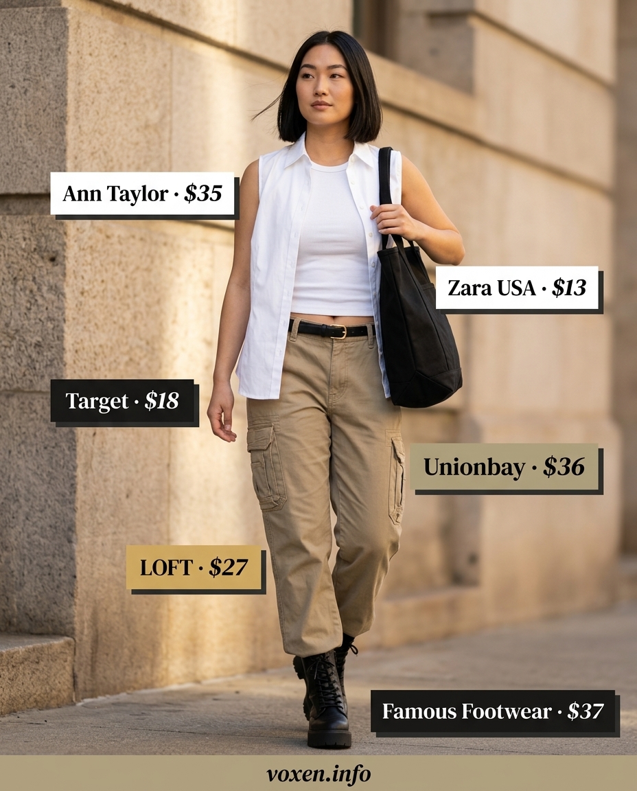 White sleeveless t-shirt with khaki cargo pants for women 2026. Relaxed utilitarian outfit with black boots.