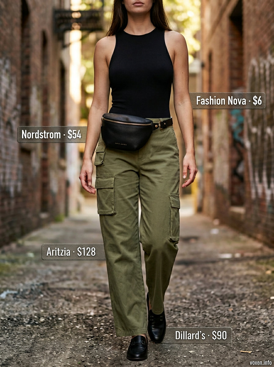 Olive green cargo pants with black sleeveless bodysuit for women 2026. Urban sightseeing outfit.