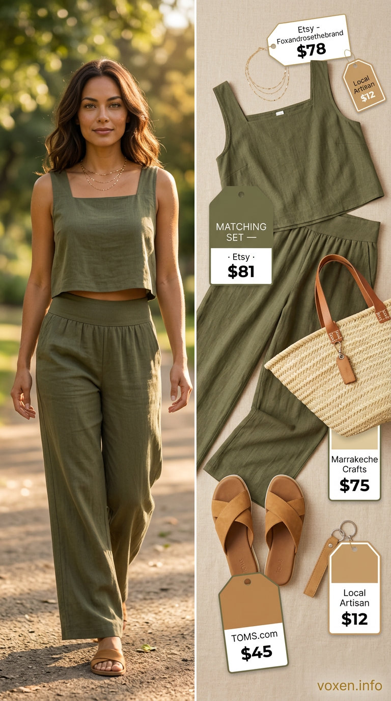 Olive green linen set with sleeveless top and wide-leg pants for women 2026. Beach day outfit.