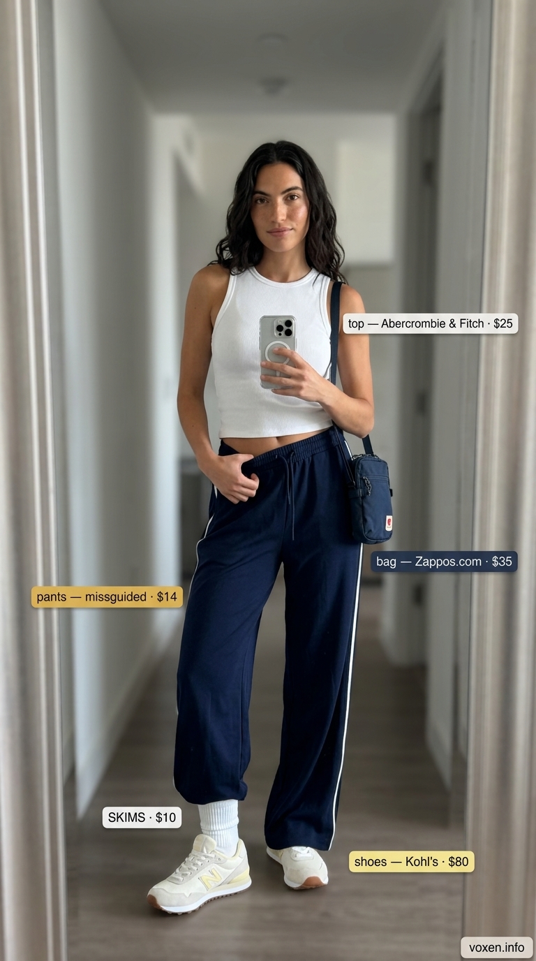 Summer streetwear for women 2026: Navy track pants, white racerback tank, retro sneakers, small nylon bag.