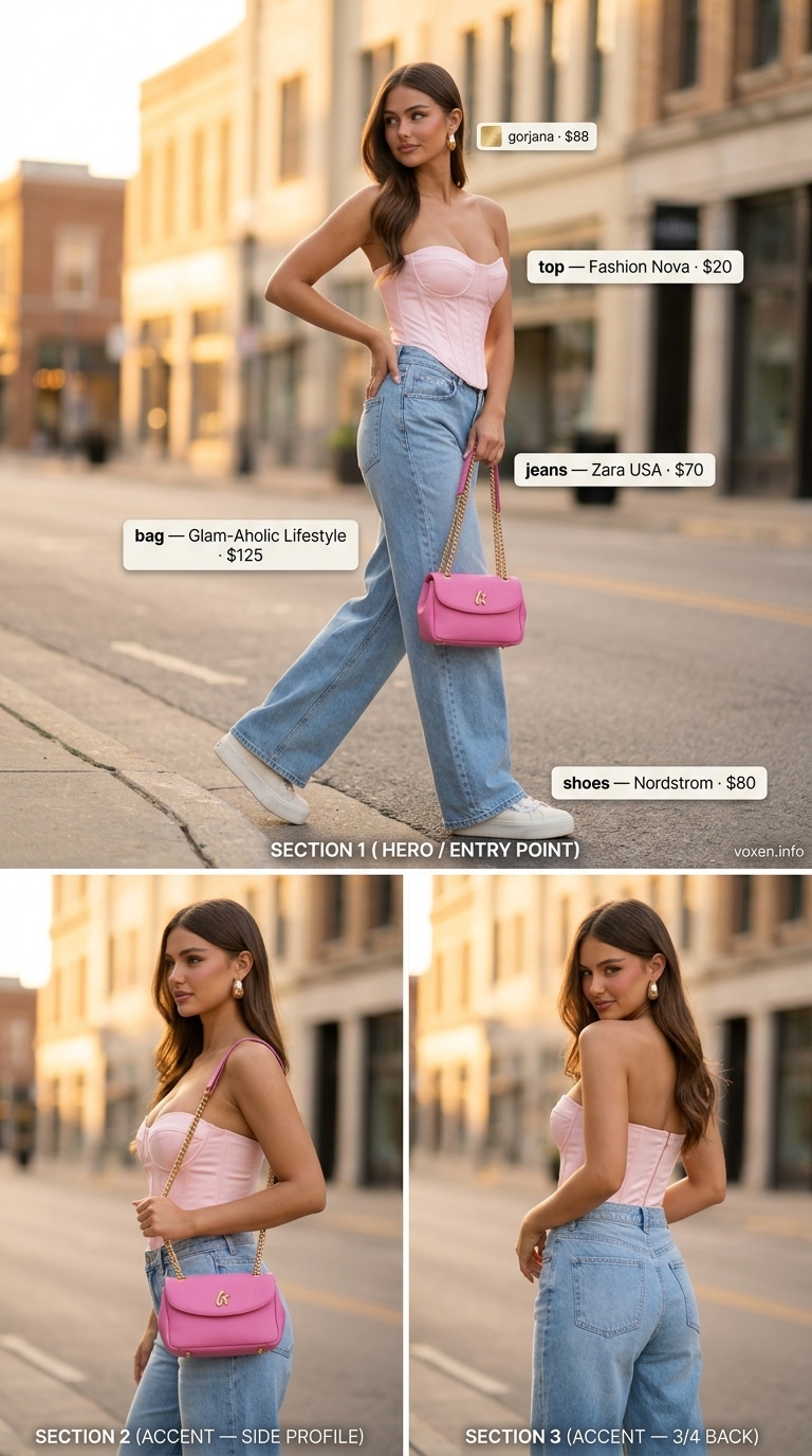Summer streetwear for women 2026: Hot pink corset top, light wash wide-leg jeans, silver jewelry, white platform sneakers.