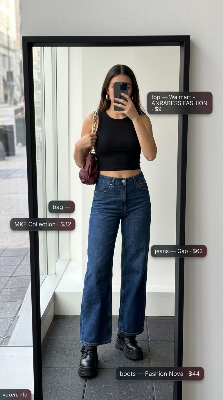 Summer streetwear for women 2026: Dark wash wide-leg jeans, black mock neck crop top, combat boots, burgundy bag.