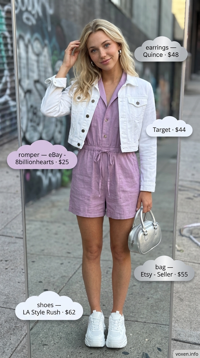 Summer streetwear for women 2026: Lavender utility romper, white denim jacket, silver mini bag, chunky sneakers.