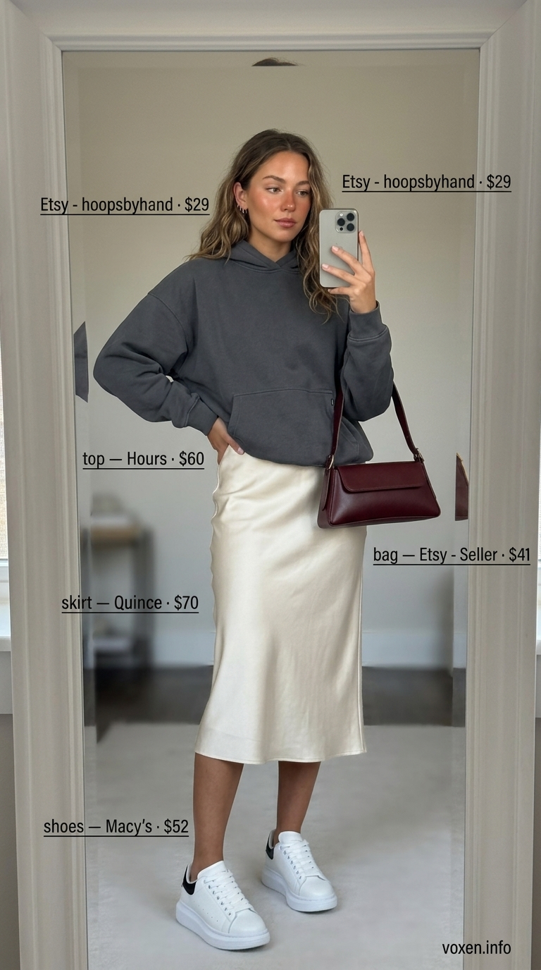 Summer streetwear for women 2026: Cream satin midi skirt, charcoal graphic hoodie, burgundy mini bag, platform sneakers.
