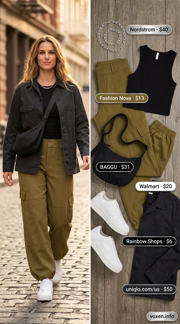 Summer streetwear for women 2026: Olive green cargo pants, black crop top, white platform sneakers, utility shacket.