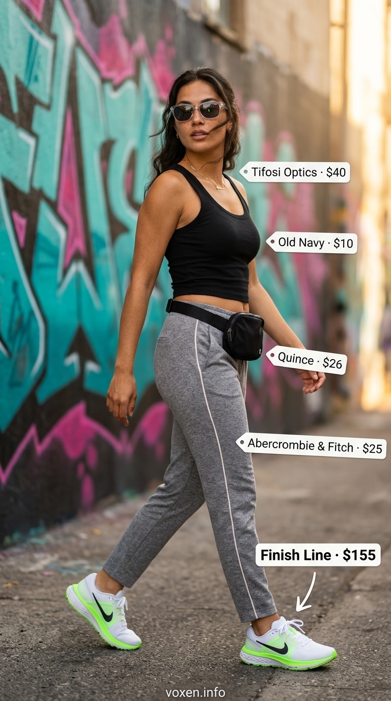 Heather gray track pants with black tank & neon sneakers for athleisure summer streetwear for women 2026.