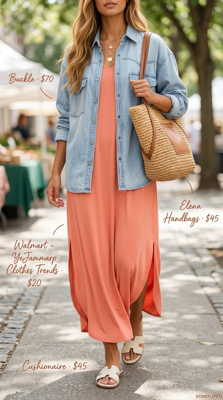 Rust maxi dress with denim jacket & straw tote for bohemian summer streetwear for women 2026.