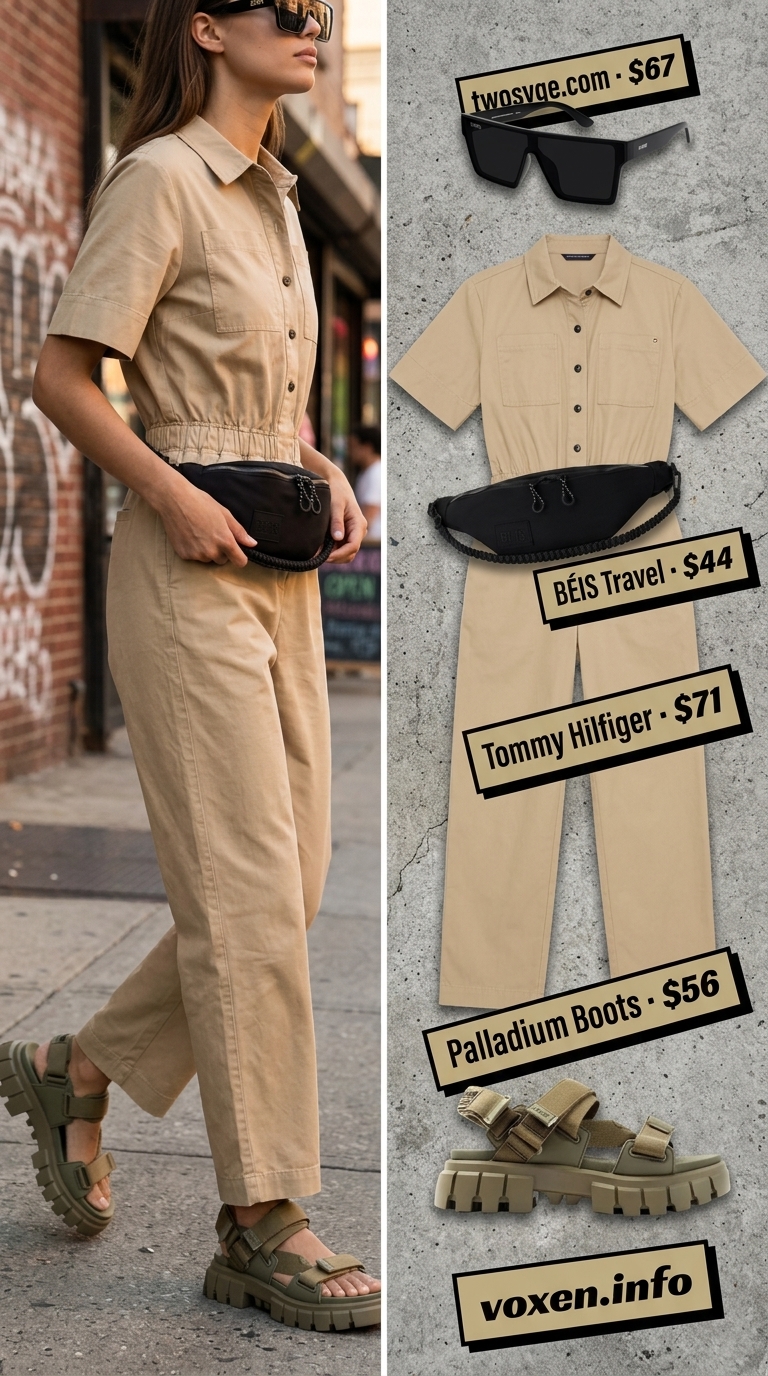 Stone beige utility jumpsuit with olive sandals for chic summer streetwear for women 2026.