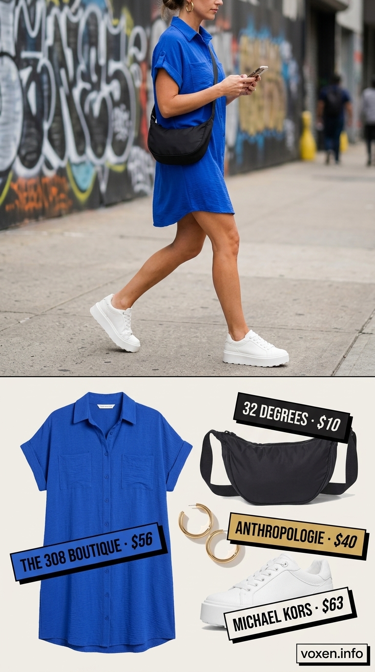 Bright royal blue mini shirt dress with white cap & crossbody bag for summer streetwear for women 2026.