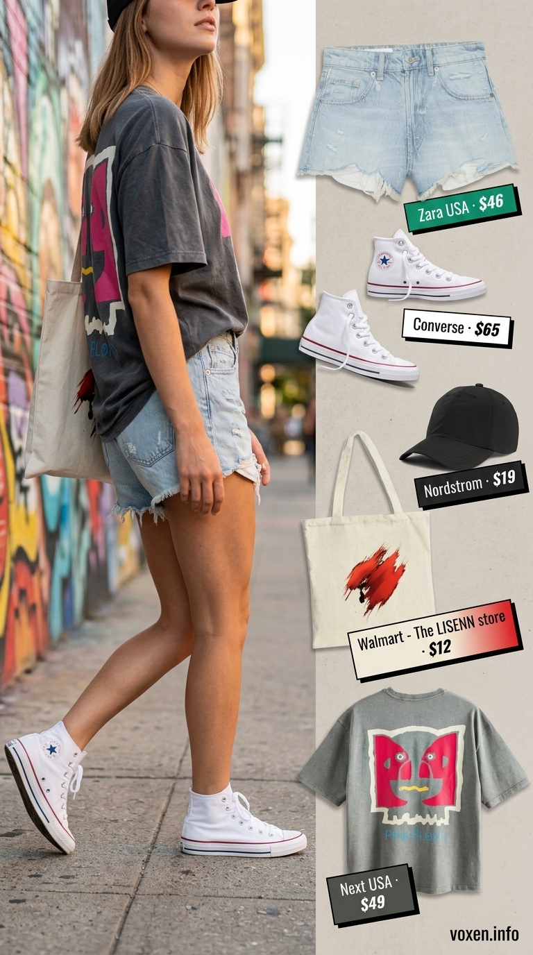 Distressed denim shorts with graphic tee & canvas tote for retro summer streetwear for women 2026.