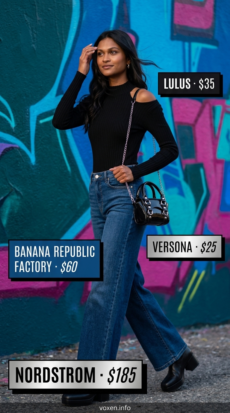 Dark wash wide-leg jeans with black bodysuit & platform boots for sleek summer streetwear for women 2026.