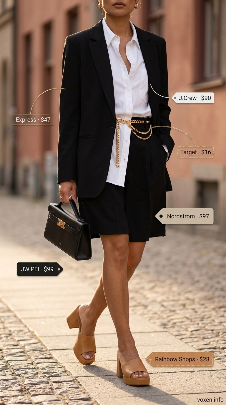 Black blazer & shorts with white shirt for sophisticated summer streetwear for women 2026.