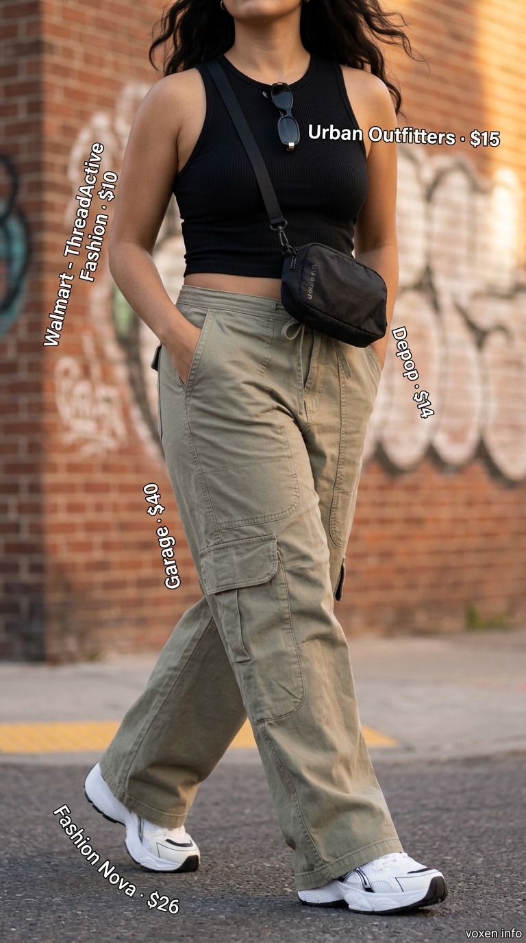 Khaki cargo pants with black crop top for edgy summer streetwear for women 2026.
