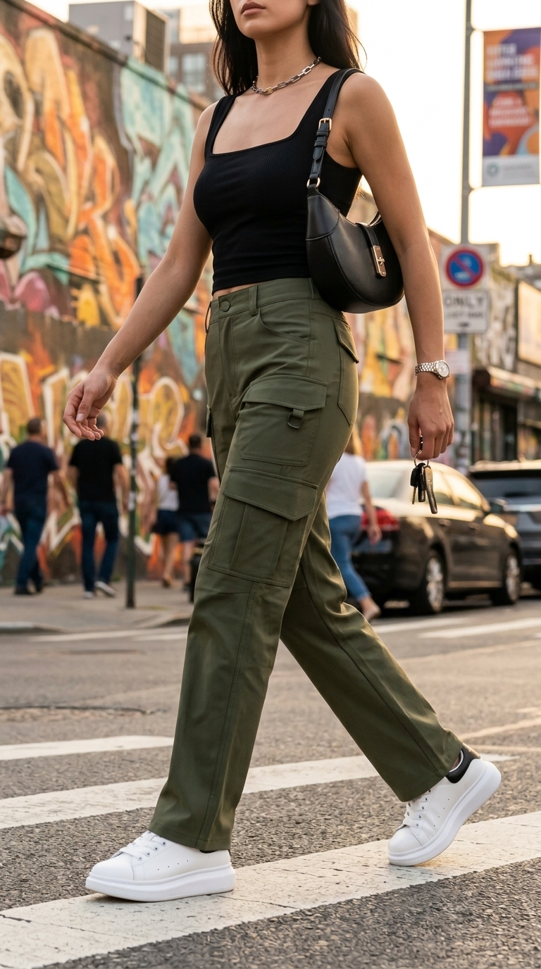 Edgy khaki cargo pants with black crop top & chunky sneakers for summer streetwear for women 2026.