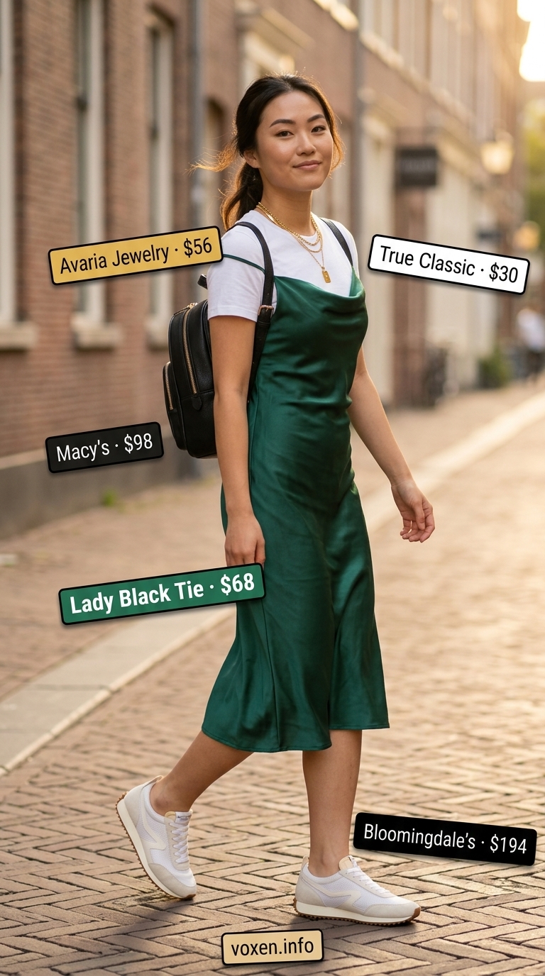 Chic emerald green slip dress with white sneakers & black backpack for summer streetwear for women 2026 evening events.