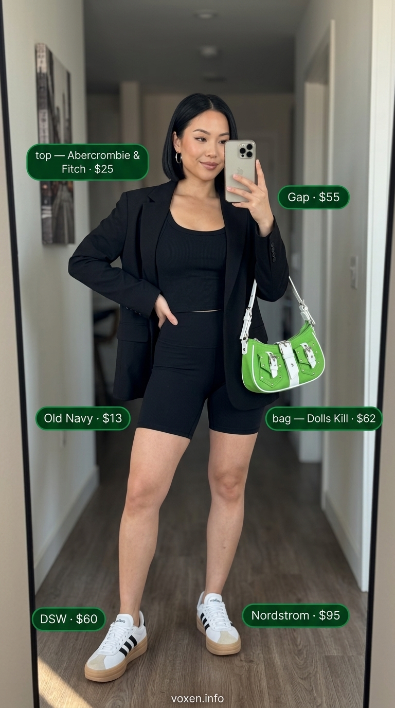 Chic electric green bag with biker shorts & blazer for summer streetwear for women 2026.