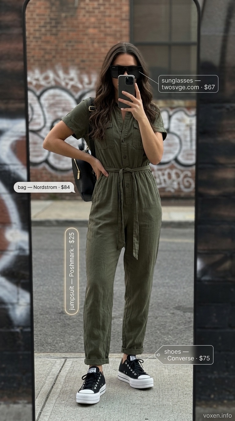 Modern olive green utility jumpsuit with black backpack for summer streetwear for women 2026.