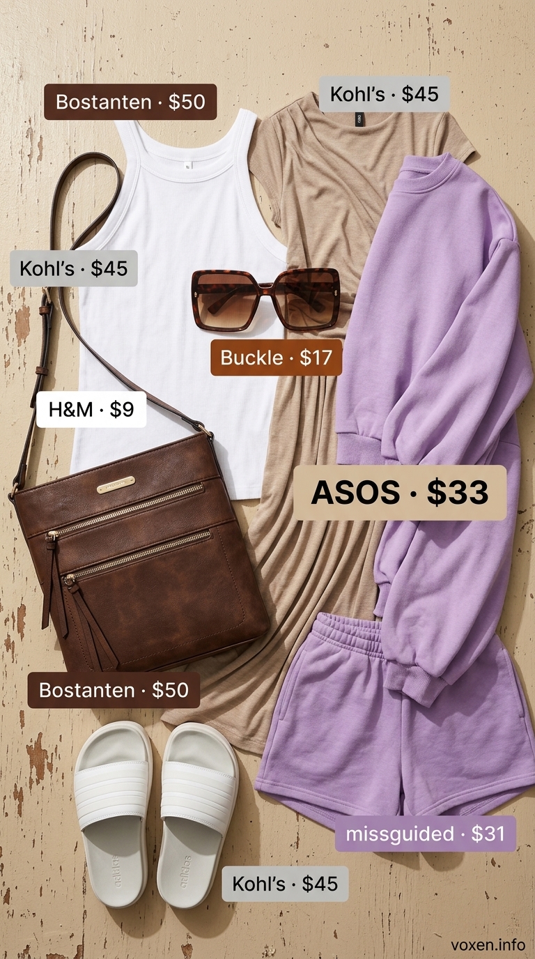 Comfortable sand beige maxi dress with brown bag & white slides for summer streetwear for women 2026.