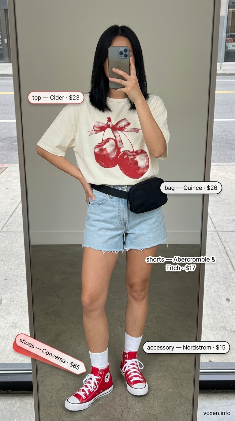 Playful cherry red sneakers with denim shorts & graphic tee for summer streetwear for women 2026.