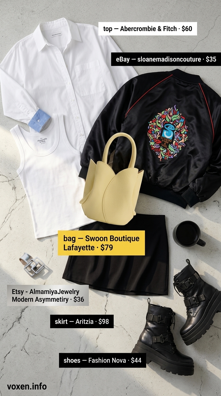 Bold yellow bag with black skirt, white shirt & platform loafers for summer streetwear for women 2026.