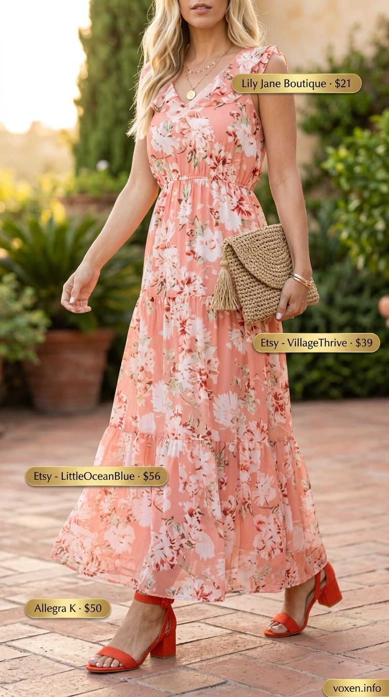 Floral tiered maxi sundress for garden parties. Summer sundresses for women 2026, bohemian.