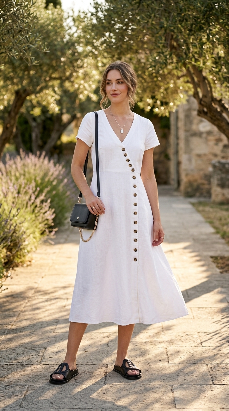 Crisp white linen midi sundress for city sightseeing. Summer sundresses for women 2026, sophisticated.