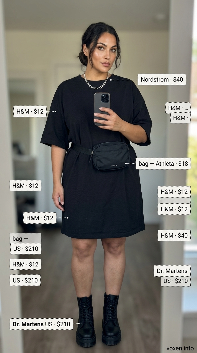 Edgy festival outfit: Black t-shirt mini sundress, combat boots, and chain necklace for summer 2026.