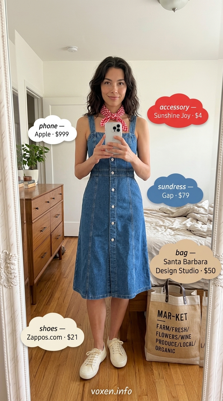 Wholesome farmer's market outfit: Light wash denim sundress, canvas sneakers, and large tote for summer 2026.