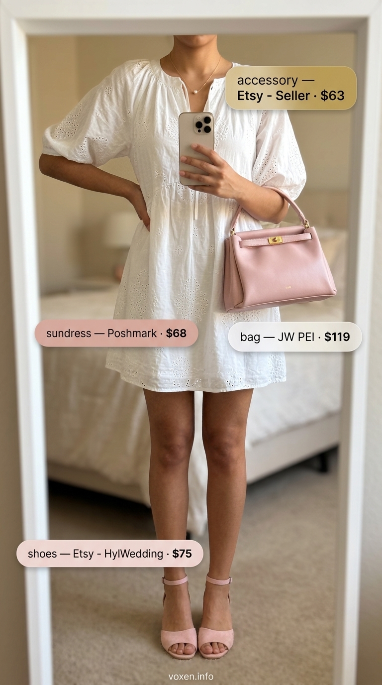 Charming garden brunch outfit: White eyelet sundress, blush pink sandals, and gold pearl necklace for summer 2026.