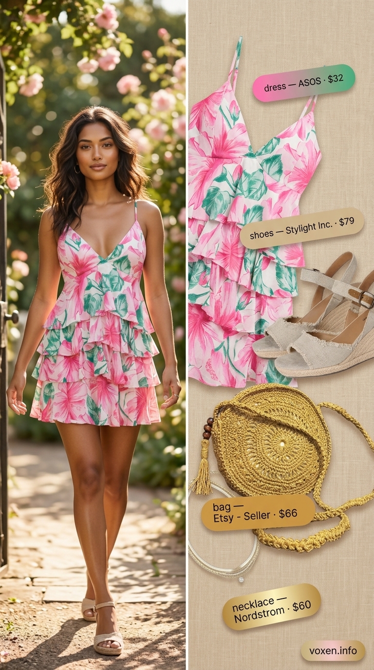 Pink floral mini sundress for garden parties, paired with espadrilles and straw bag. Summer sundresses for women 2026.