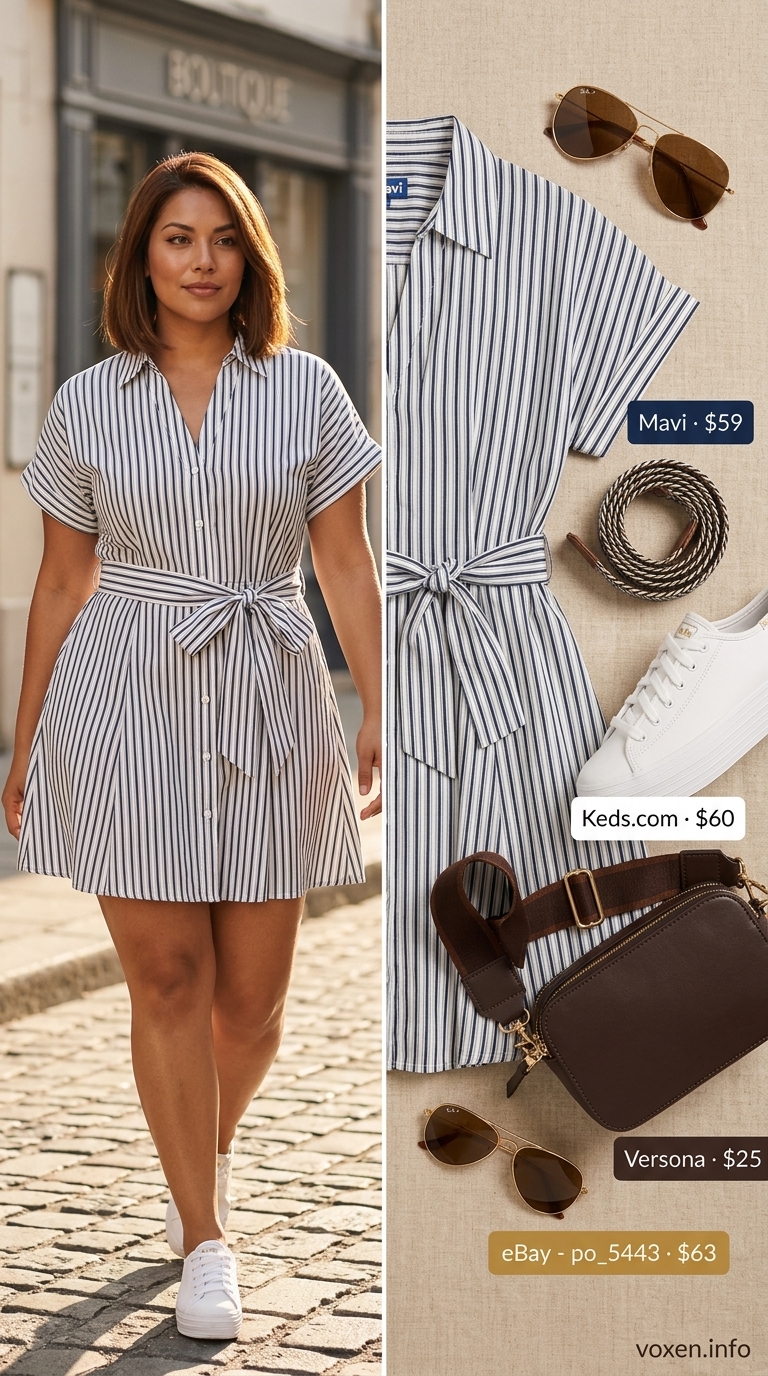 Navy blue stripe linen blend shirtdress with white sneakers, cognac crossbody bag, and aviator sunglasses. Summer sundresses for women 2026.