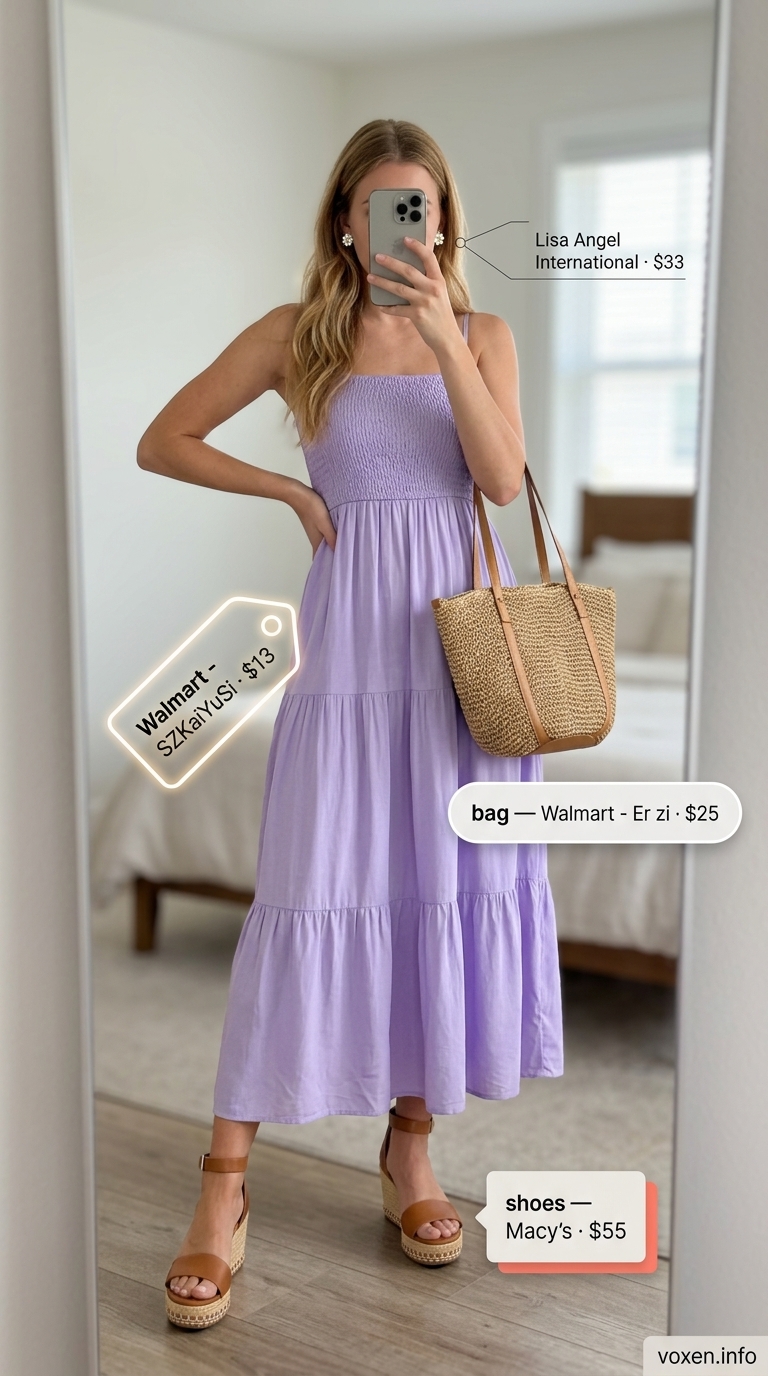 Sweet lakeside outfit: Lavender maxi sundress, espadrille wedges, and woven crossbody bag for summer 2026.