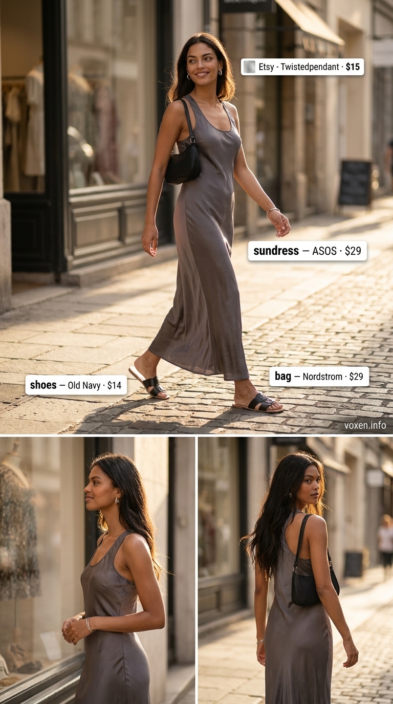 Stone grey A-line maxi sundress for city strolls. Summer sundresses for women 2026, minimalist.
