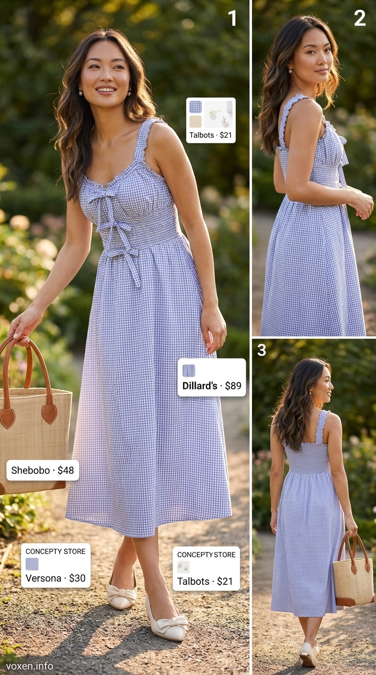 Periwinkle blue gingham sundress with smocked bodice, pearl earrings, straw bag, and ballet flats. Perfect summer sundresses for women 2026.