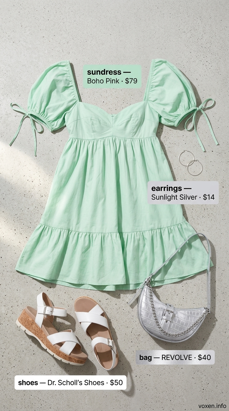 Soft mint green babydoll mini sundress with chunky platform sandals, metallic shoulder bag, and hoop earrings. Summer sundresses for women 2026.
