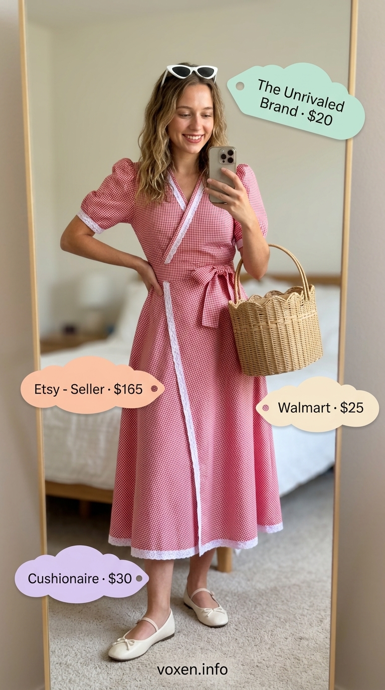 Retro picnic outfit: Red gingham wrap sundress, cat-eye sunglasses, and wicker basket for summer 2026.